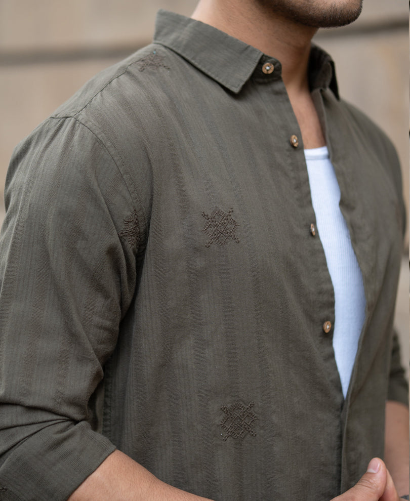 Olive Structure Embroidered Shirt.