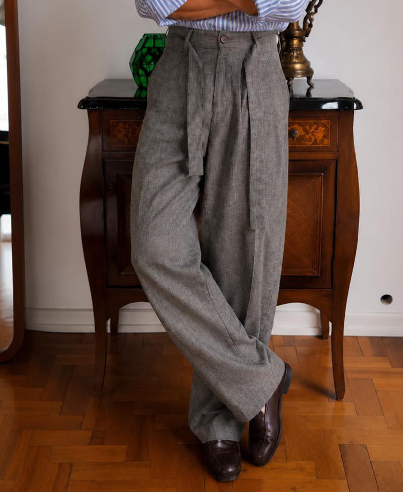 Grey Melange Striped Trouser