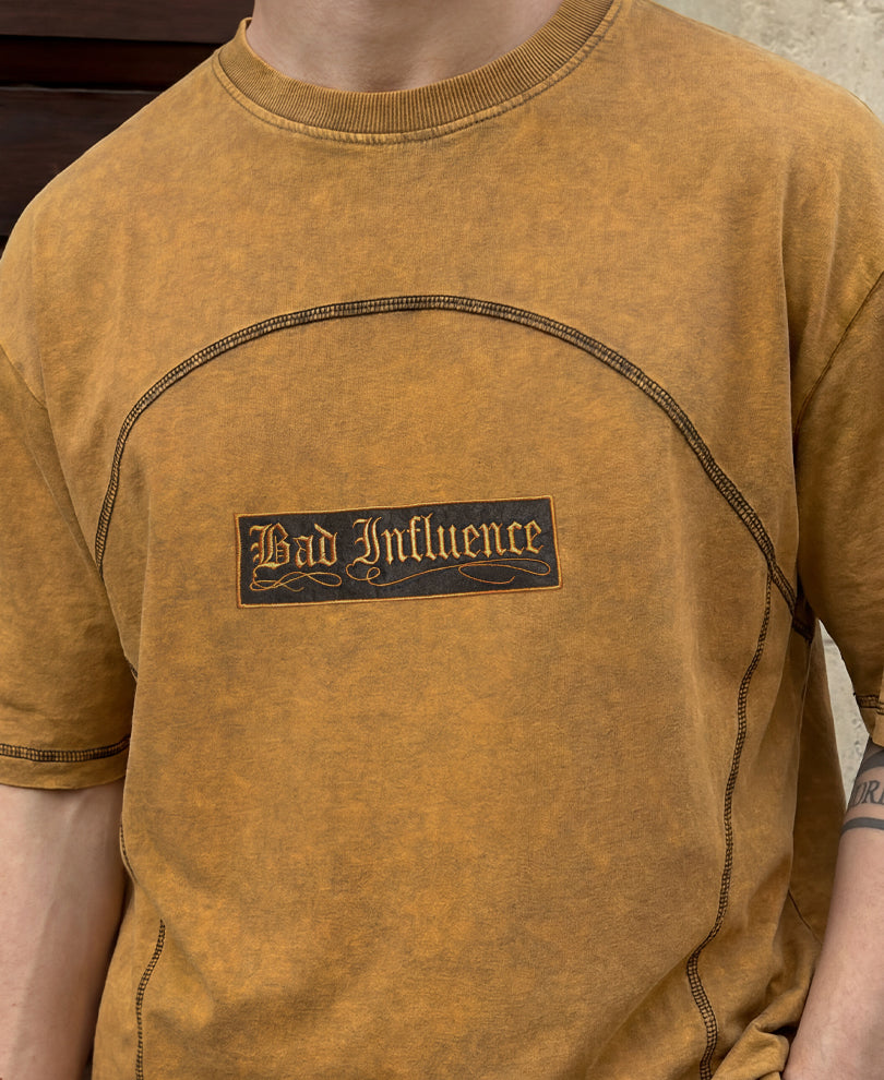 Dark Mustard Paneled Washed T-Shirt 100% Cotton