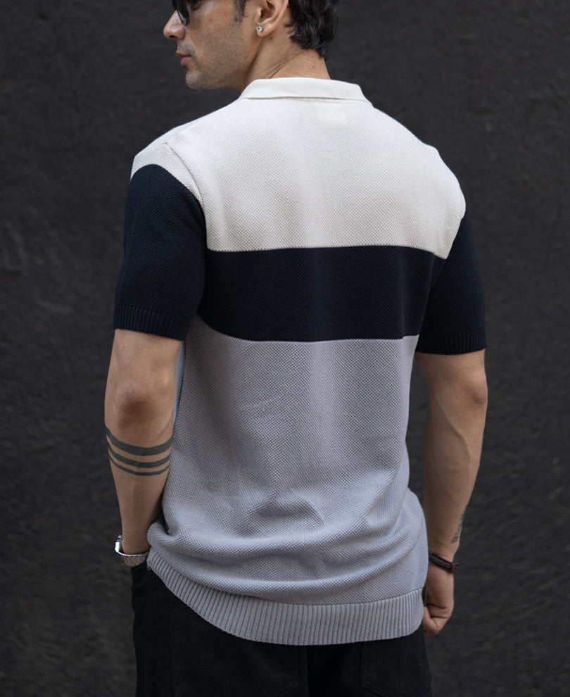 Grey & Navy Knit Stripe T-Shirt.