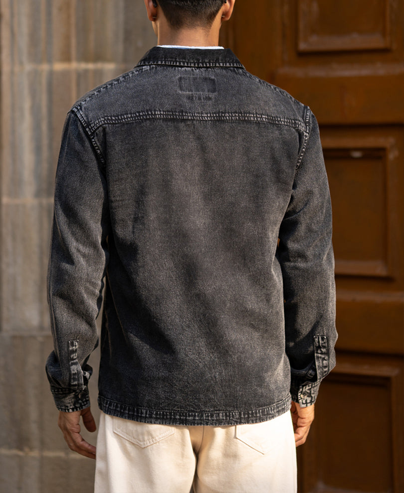 Black Washed Denim Polo Shirt.