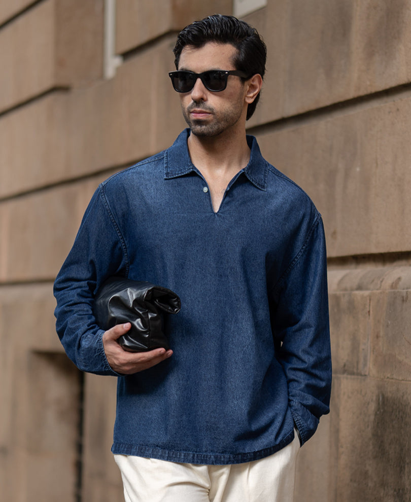 Dark Blue Washed Denim Kurta Shirt