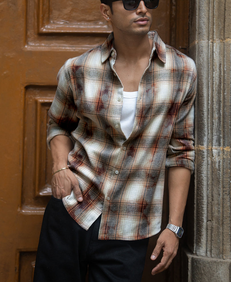 Beige Washed Checks Shirt.