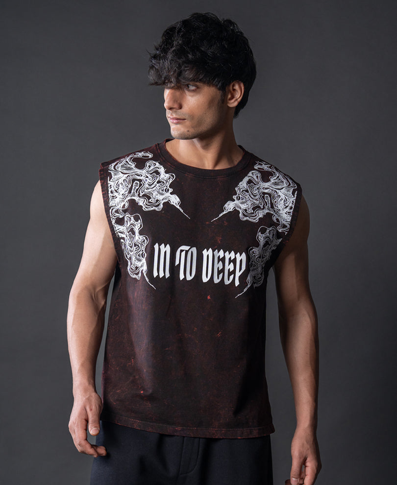 Washed Brown Printed Drop Shoulder Sando.