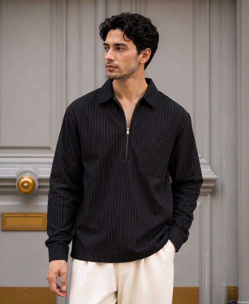 Black Oxford Stripe Zipper Shirt