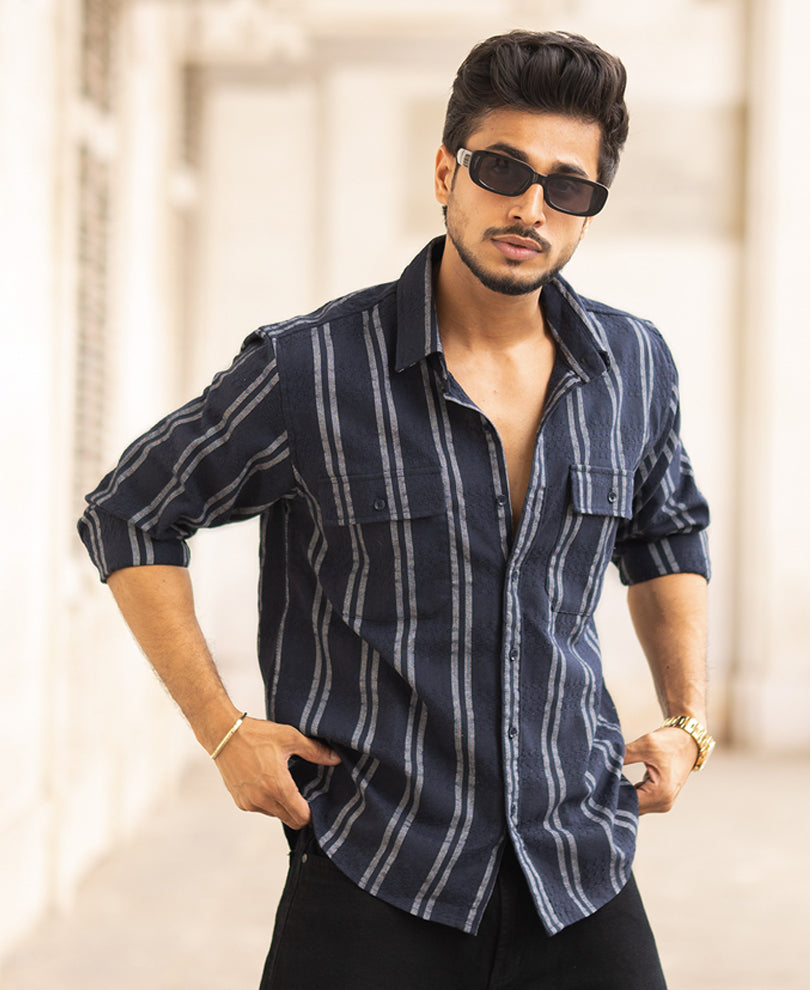 Navy Blue Striped Regular Fit Full Sleeves Shirt