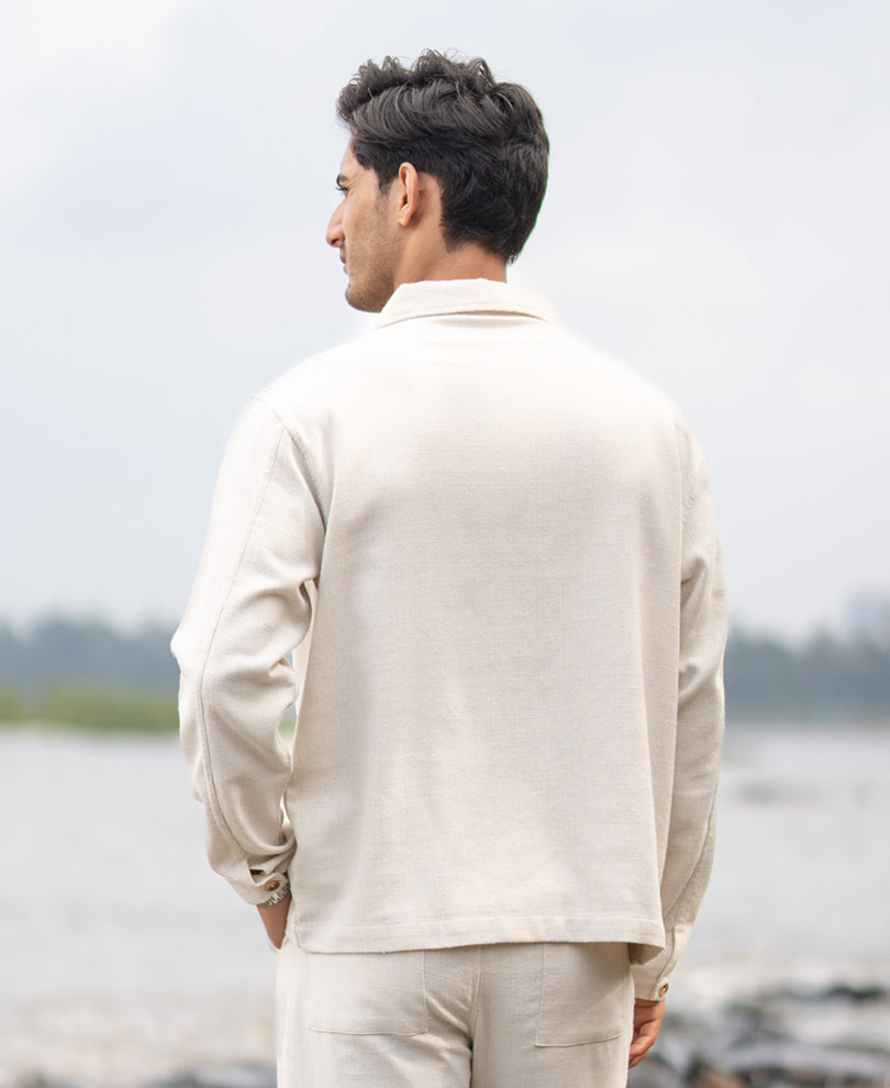 Cream Structured Cotton Kurta Shirt.