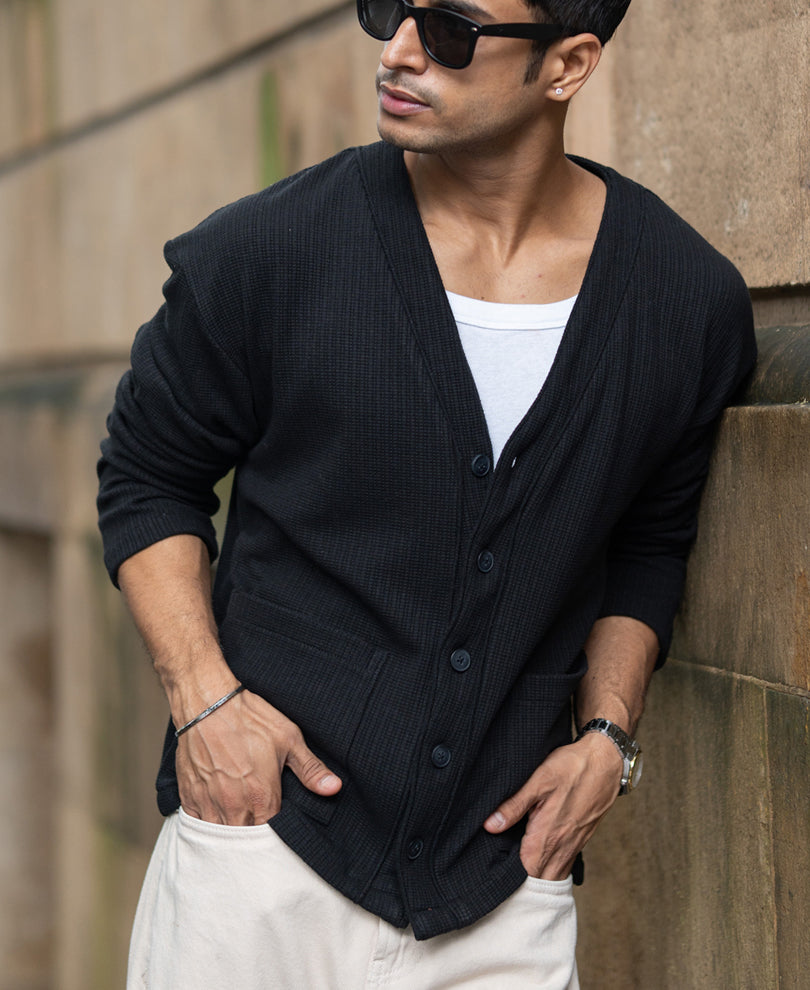 Black Structured Knit Cardigan.