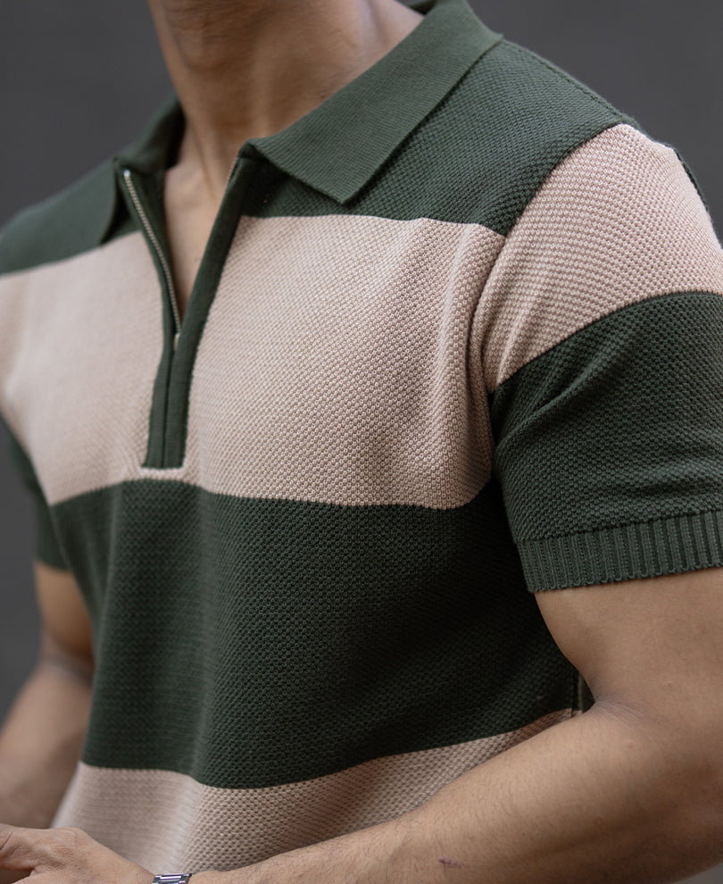 Olive & Beige Knit Stripe T-Shirt.