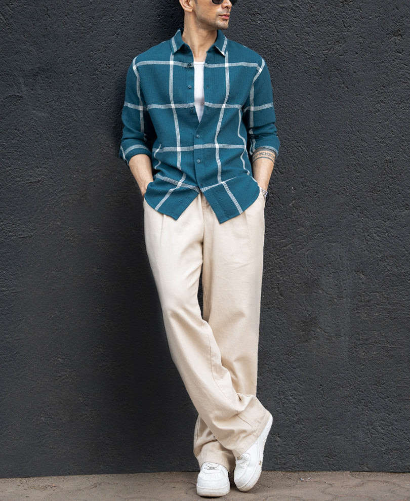 Teal Structured Checked Shirt.