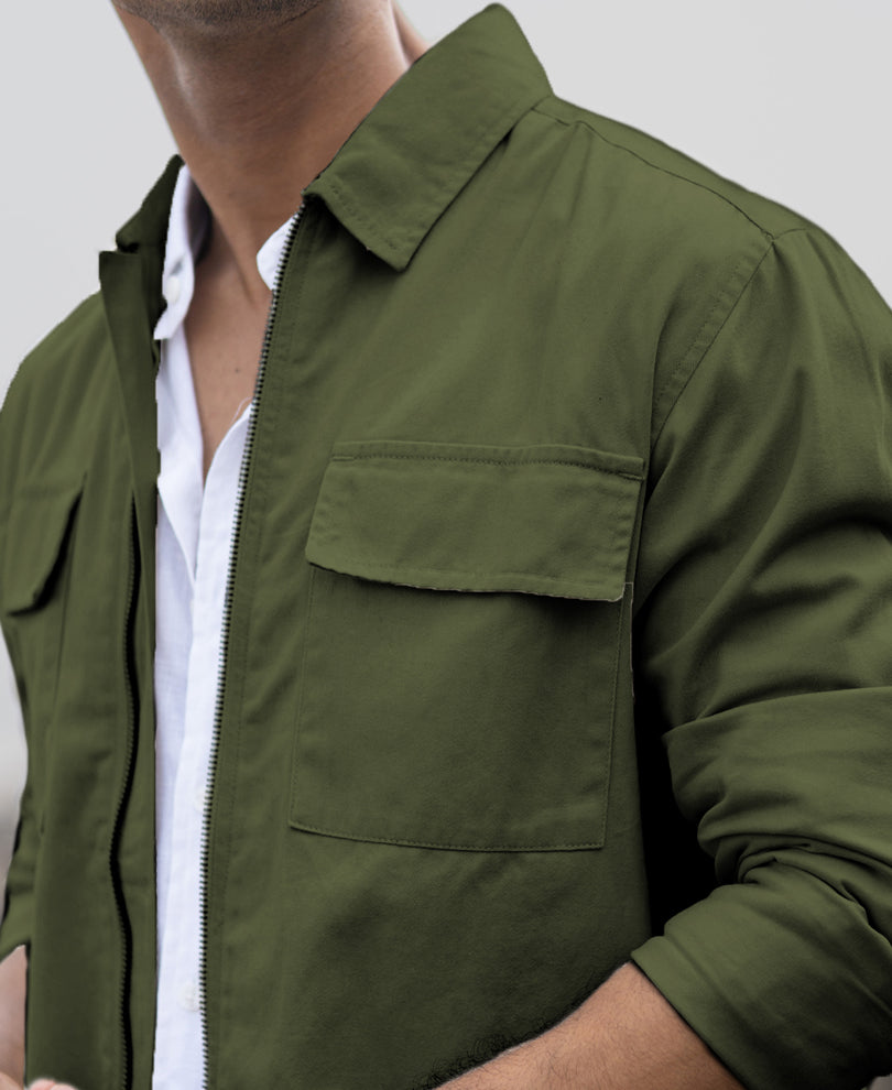 Olive Structured Zipper Overshirt.