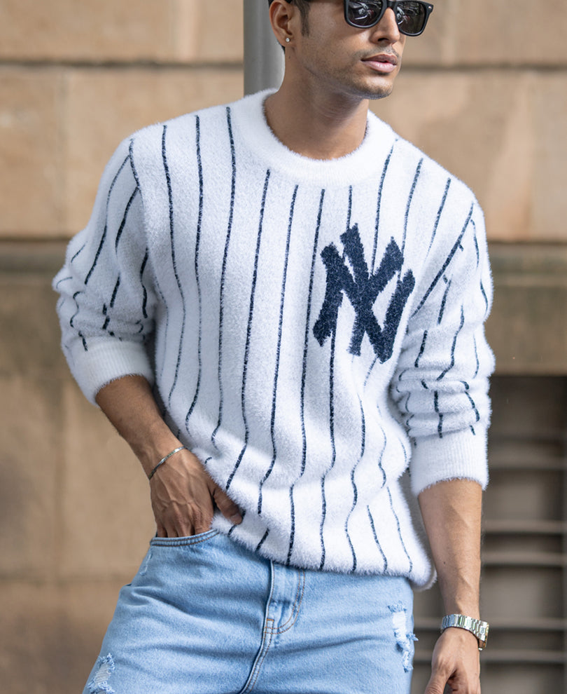 White Striped Fuzzy T-Shirt.