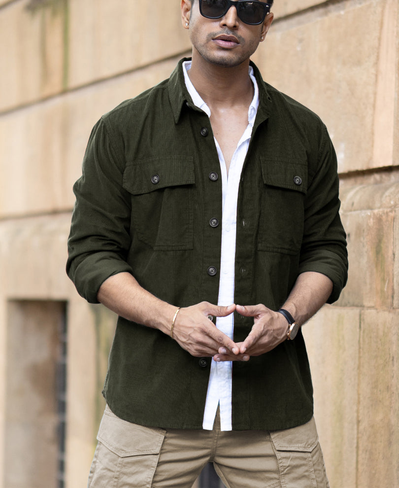 Olive Corduroy Shirt With Pockets.