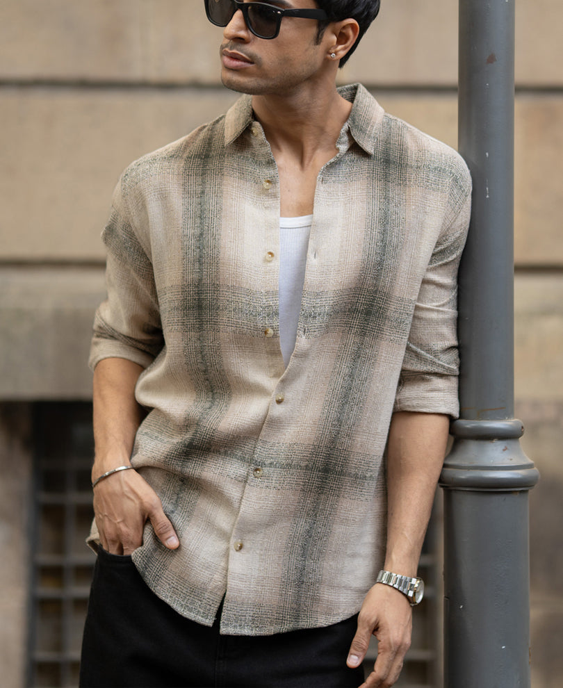 Beige Structured Checked Shirt.