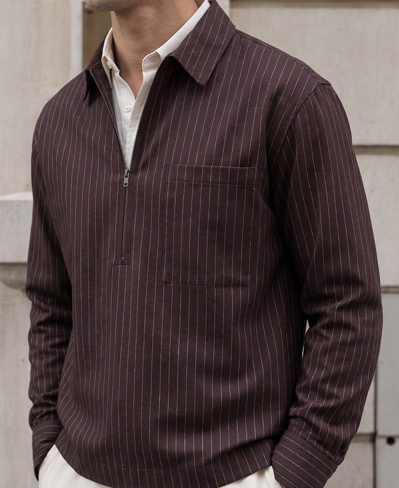 Brown Oxford Stripe Zipper Shirt