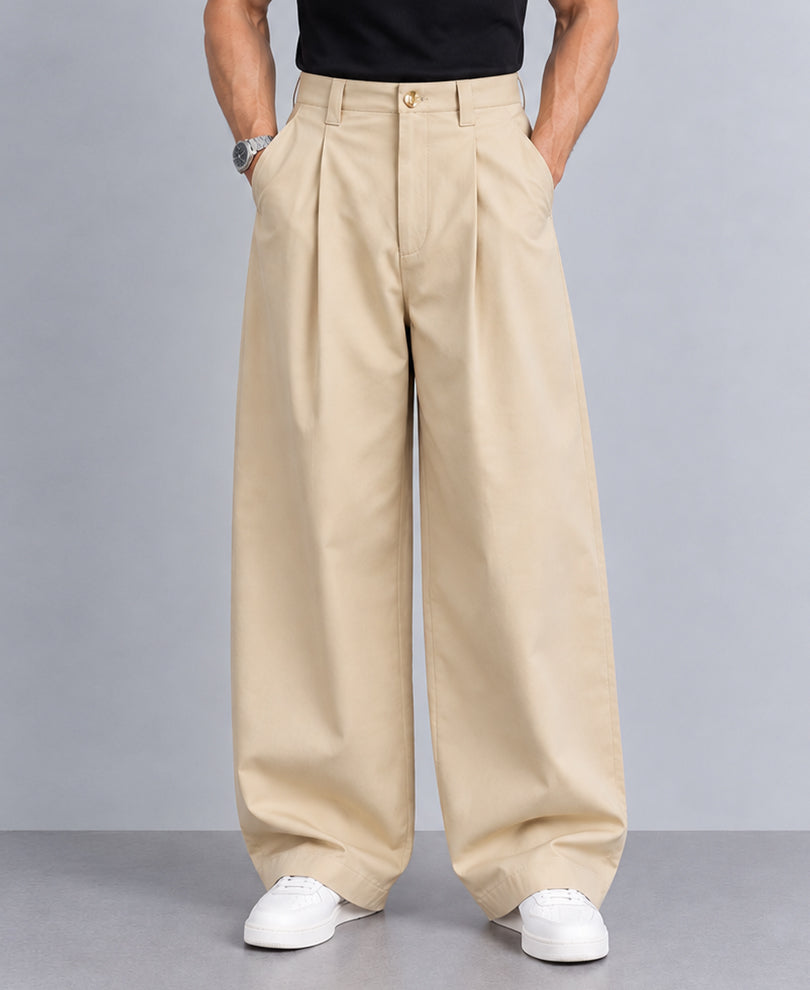 Beige Pleated Barrel Fit Trousers