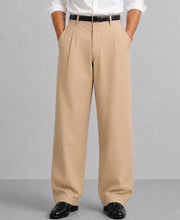 Beige Pleated Cotton Baggy Trousers