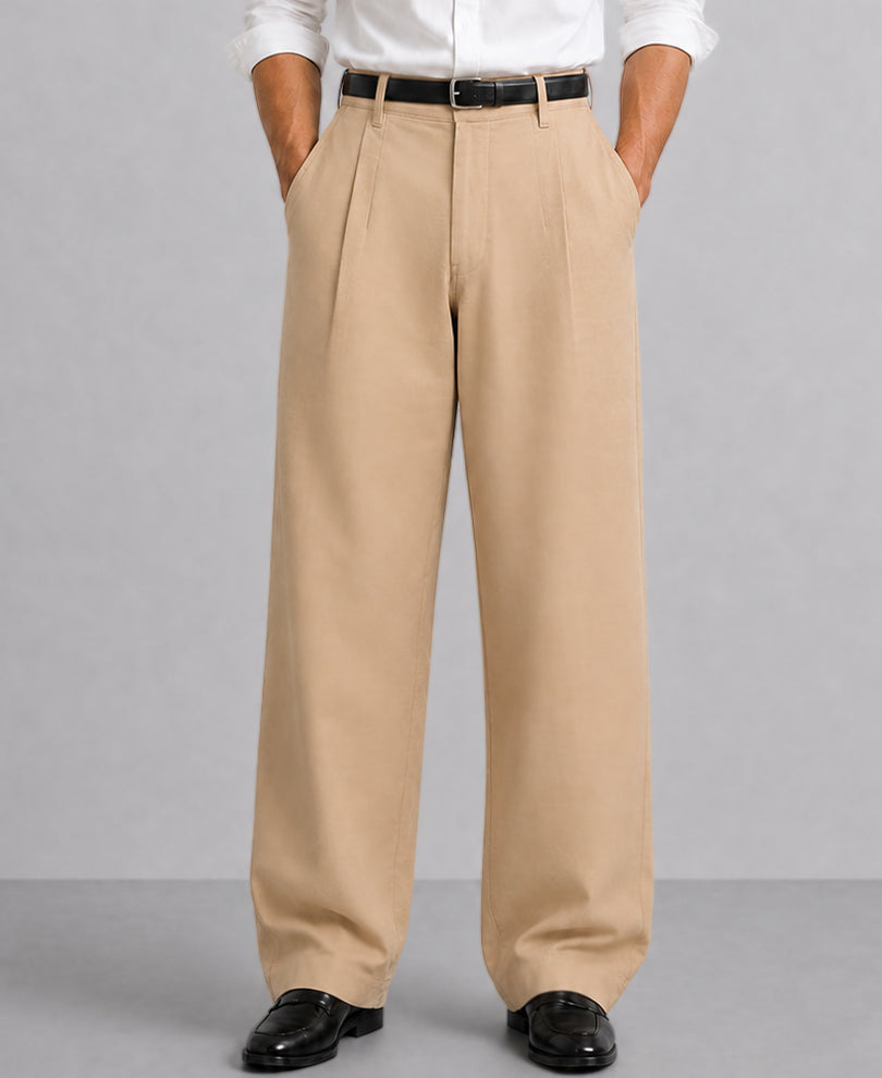 Beige Pleated Cotton Baggy Trousers