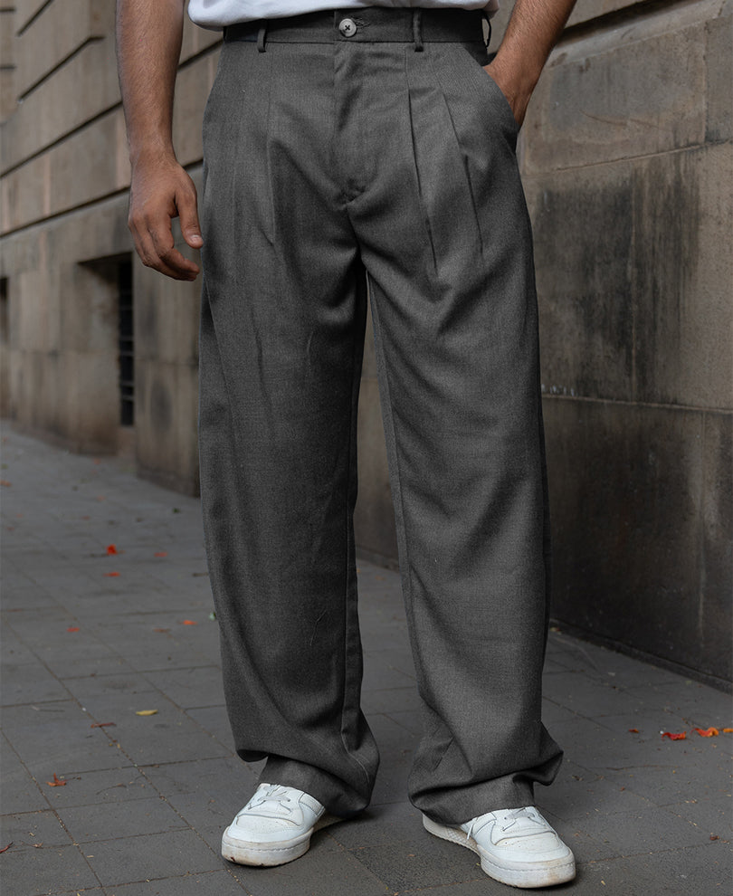 Grey Pleated Baggy Trousers