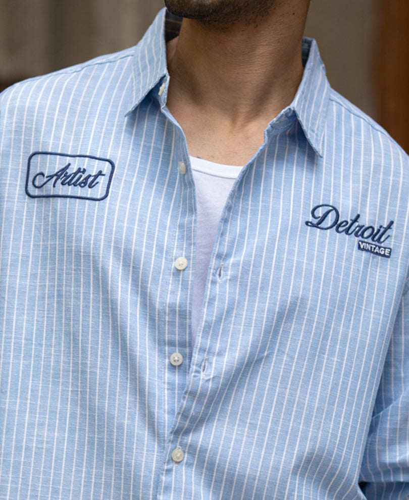 Blue Embroidered Stripe Shirt 100% Cotton