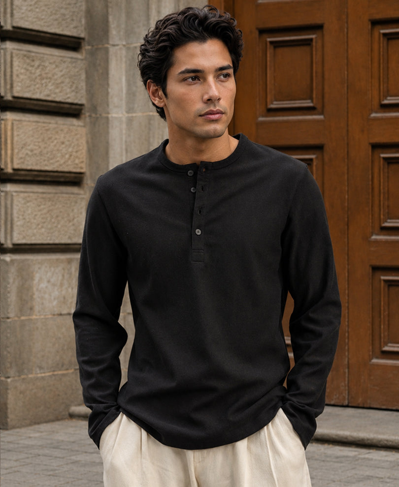 Black Henley Neck Knit T-Shirt