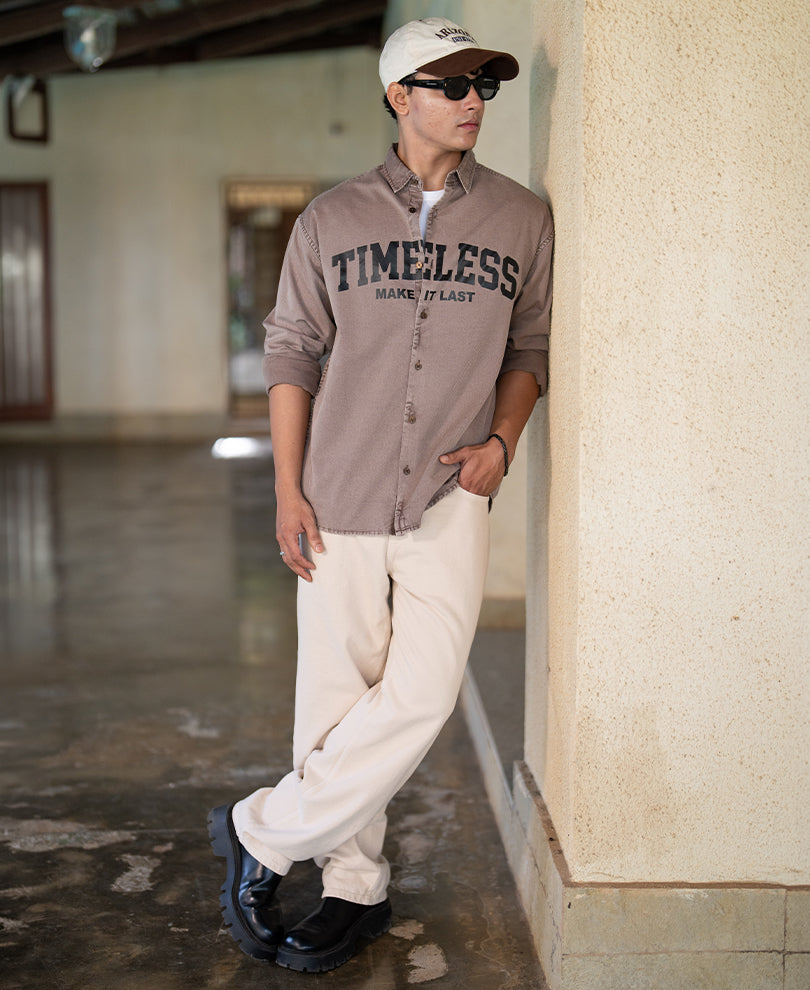 Light Brown Washed Printed Shirt 100% Cotton