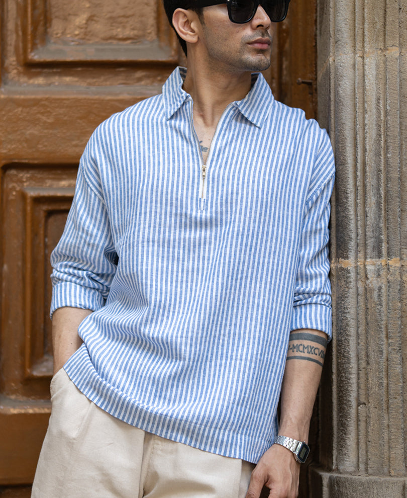 Blue Stripe Zipper Kurta Shirt.