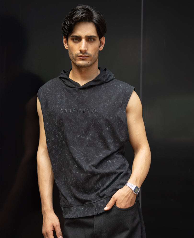Black Washed Hooded Vest