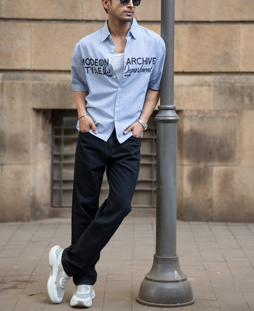 Sky Blue Stripe Embroidered Shirt.