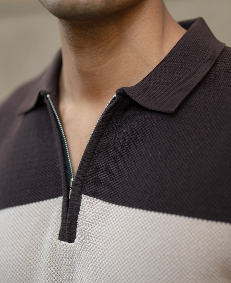Beige & Brown Knit Stripe T-Shirt.