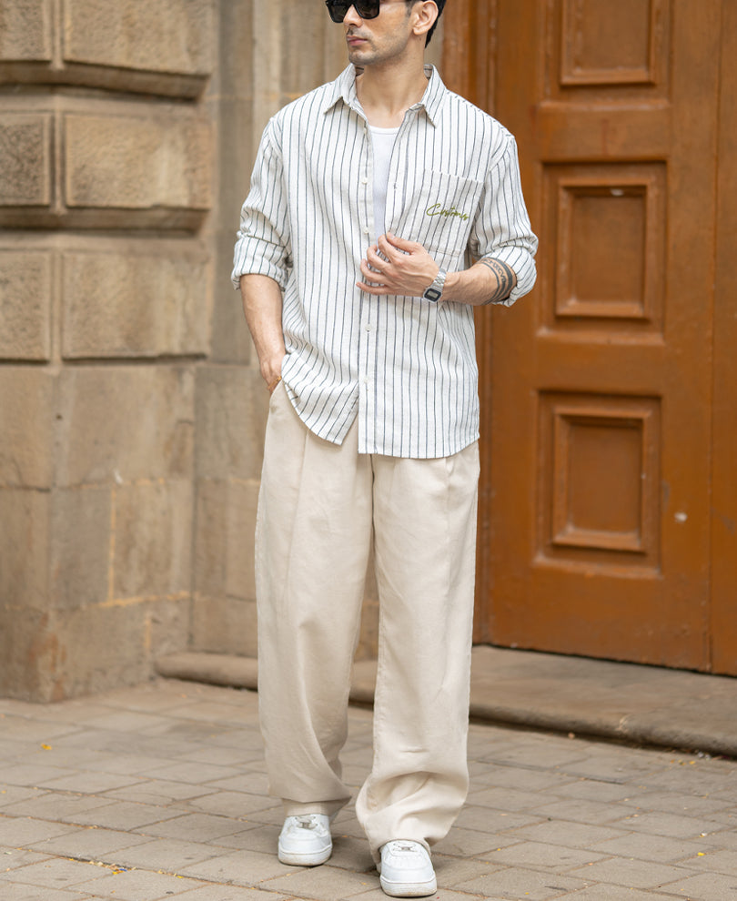 Beige Embroidered Stripe Shirt.