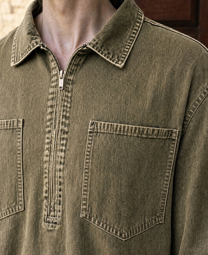 Sage Green Zipper Denim Shirt
