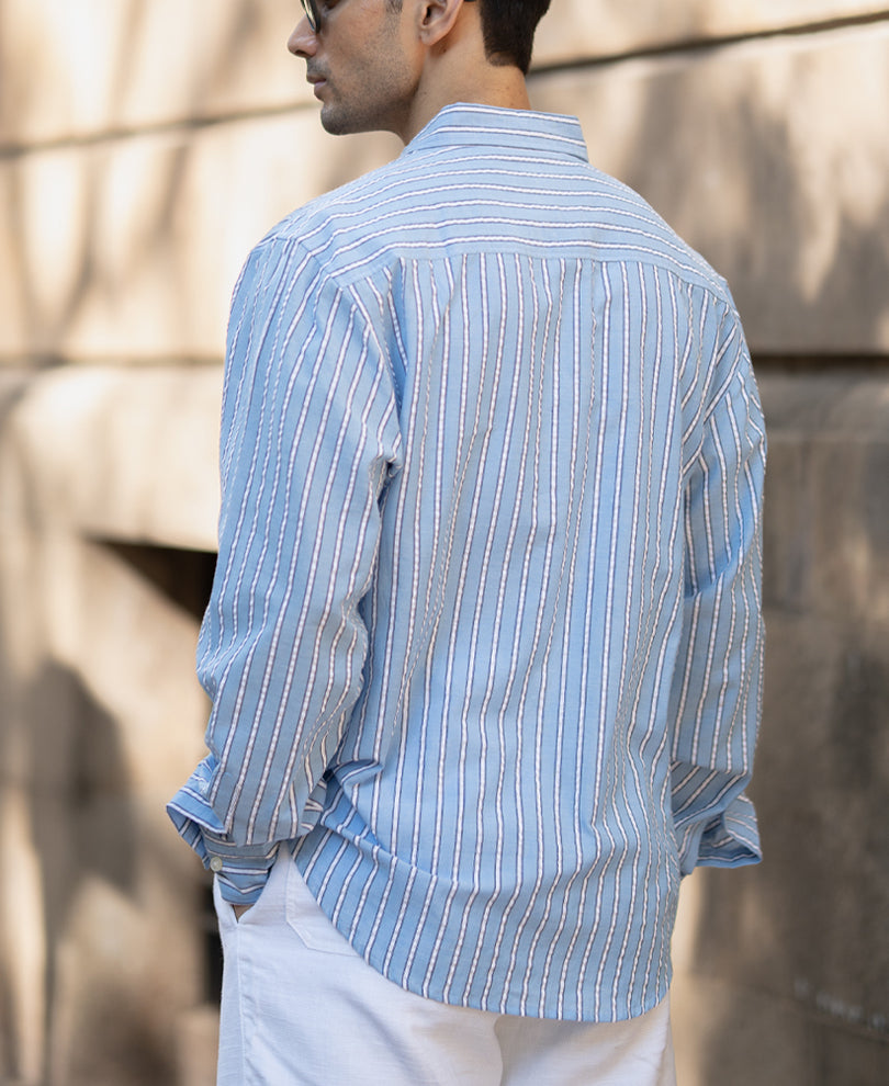Blue Seersucker Stripe Shirt.