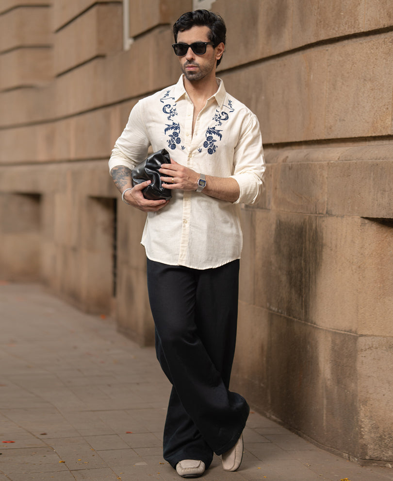 Natural Embroidered Linen Blend Shirt