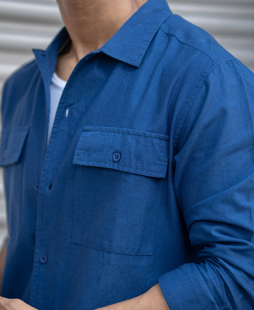 Navy Embroidered Linen Shirt.