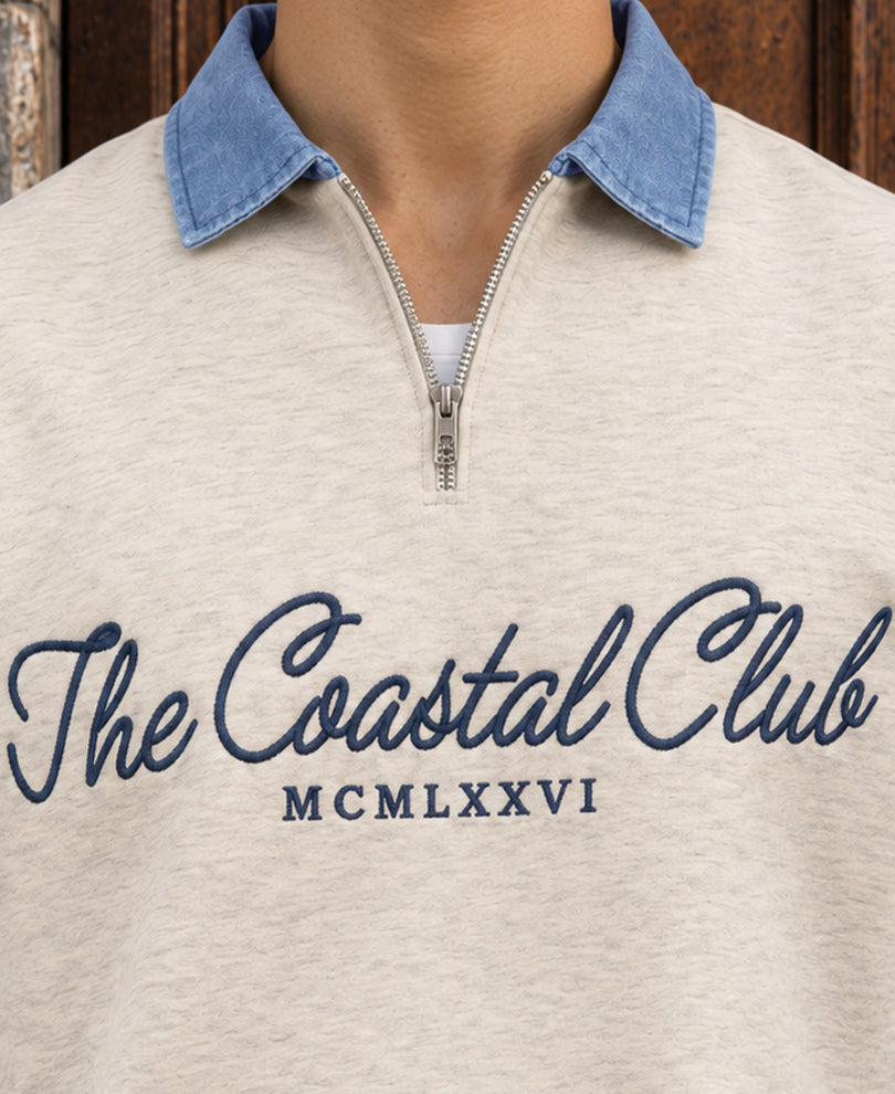 Ecru Melange Embroidered Zipper T-Shirt