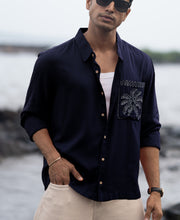 Navy Linen Blend Embroidery Shirt.