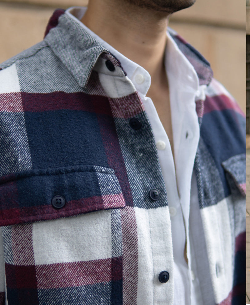 Navy And Wine Flannel Checks Shirt.