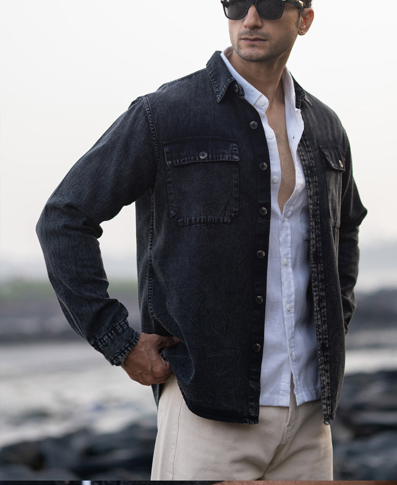 Black Charcoal Washed Denim Shirt.