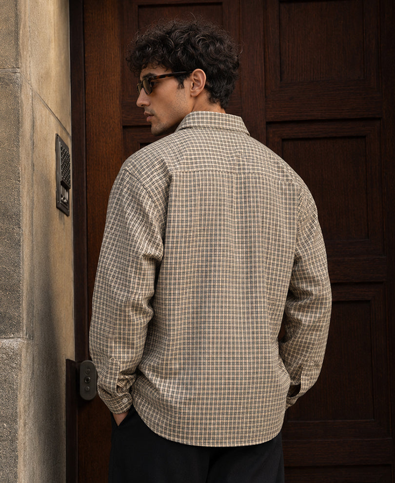 Beige Checks Printed Shirt 100% Cotton