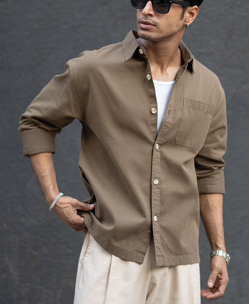 Dark Beige Printed Applique Shirt.