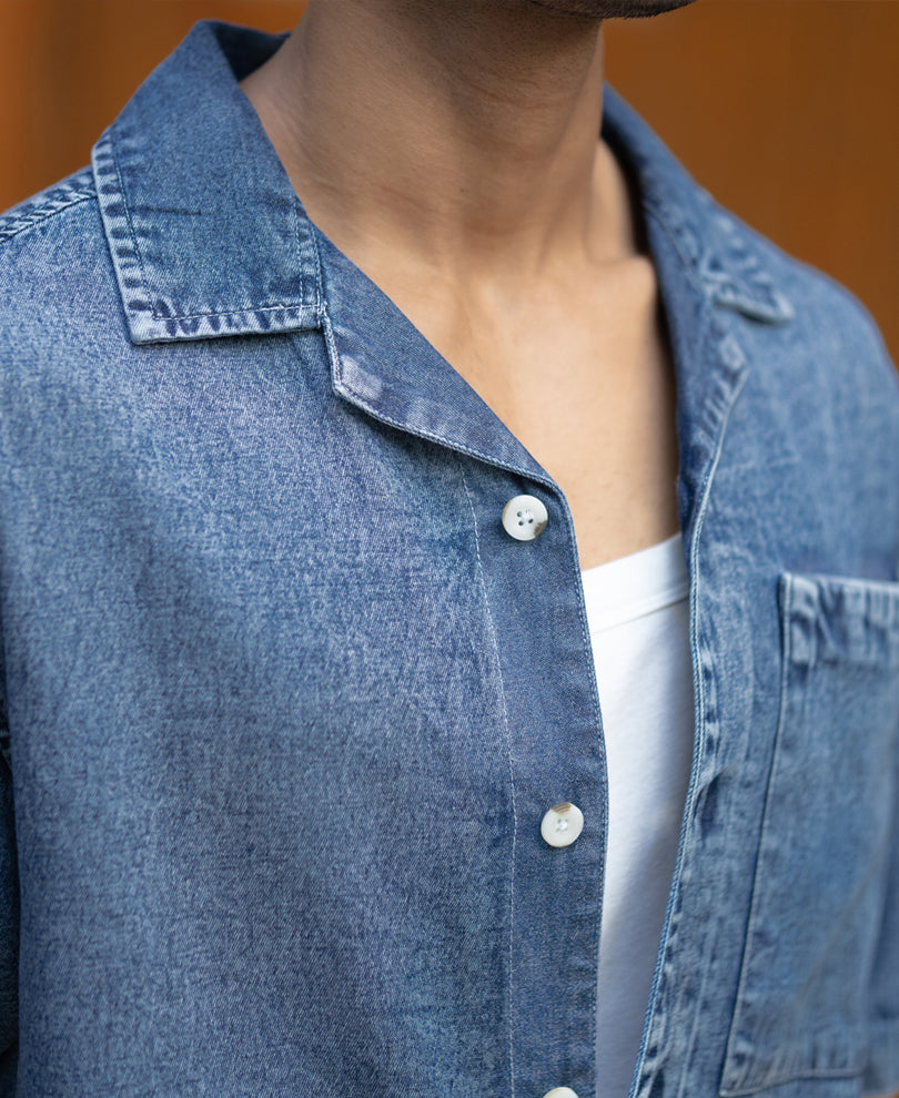 Dark Blue Washed Boxy Denim Shirt.