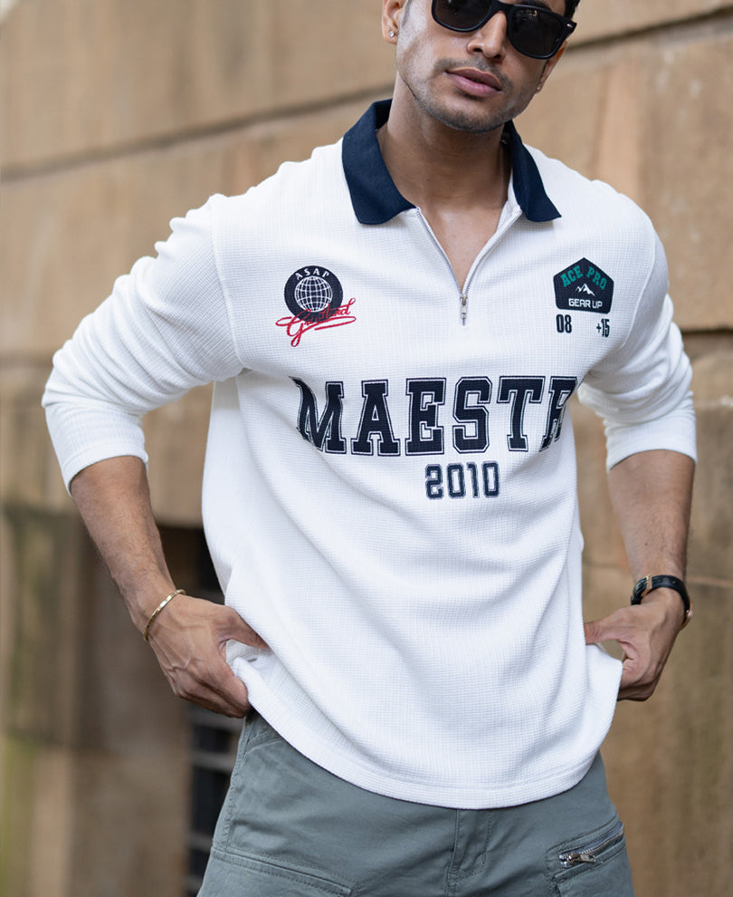 White Structured Printed T-Shirt.