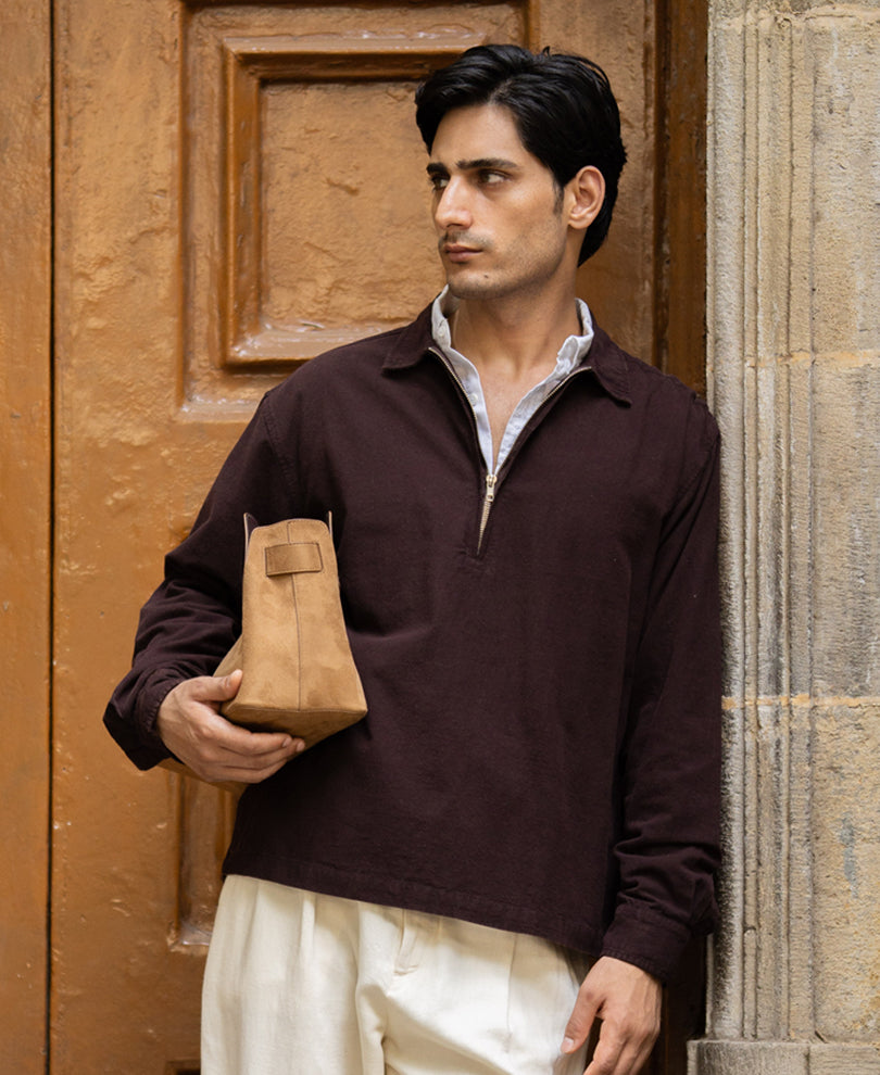 Dark Brown Washed Zipper Shirt 100% Cotton