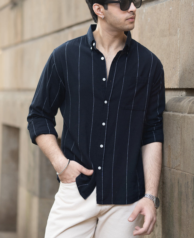 Navy Lightweight Linen Striped Shirt.