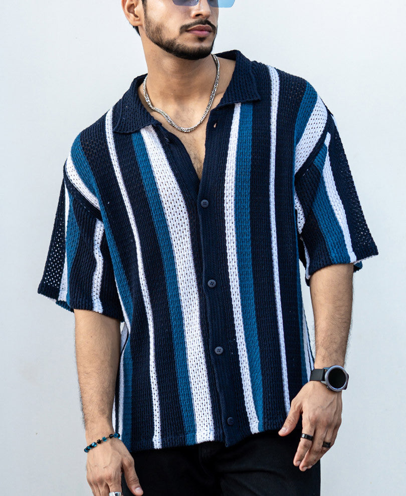 Multicolor Crochet Knit Striped Oversize Drop Shoulder Shirt.