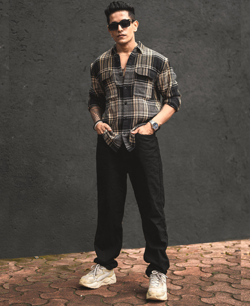 Black Structured Checks Shacket Oversized Shirt.