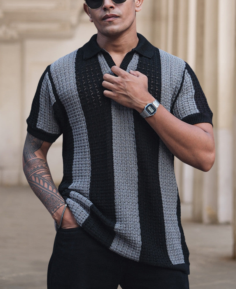 Black and Grey Crochet Striped Reglular Half Sleeves T Shirt.