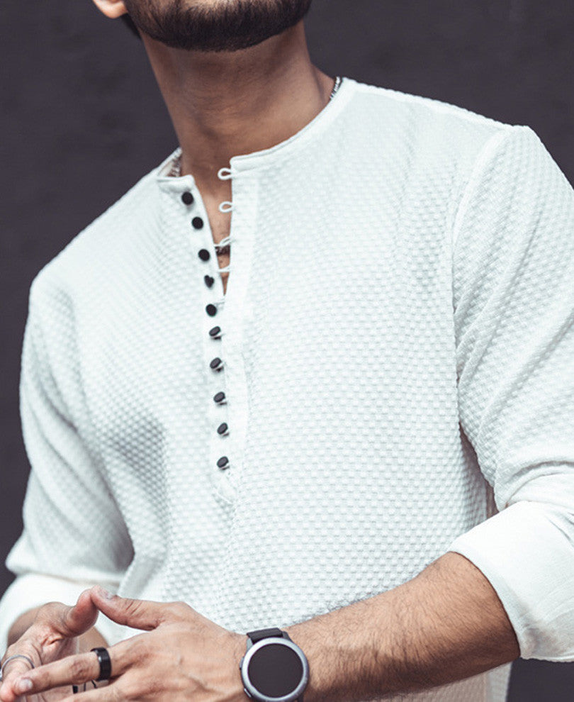 White Textured Kurta Style Shirt.