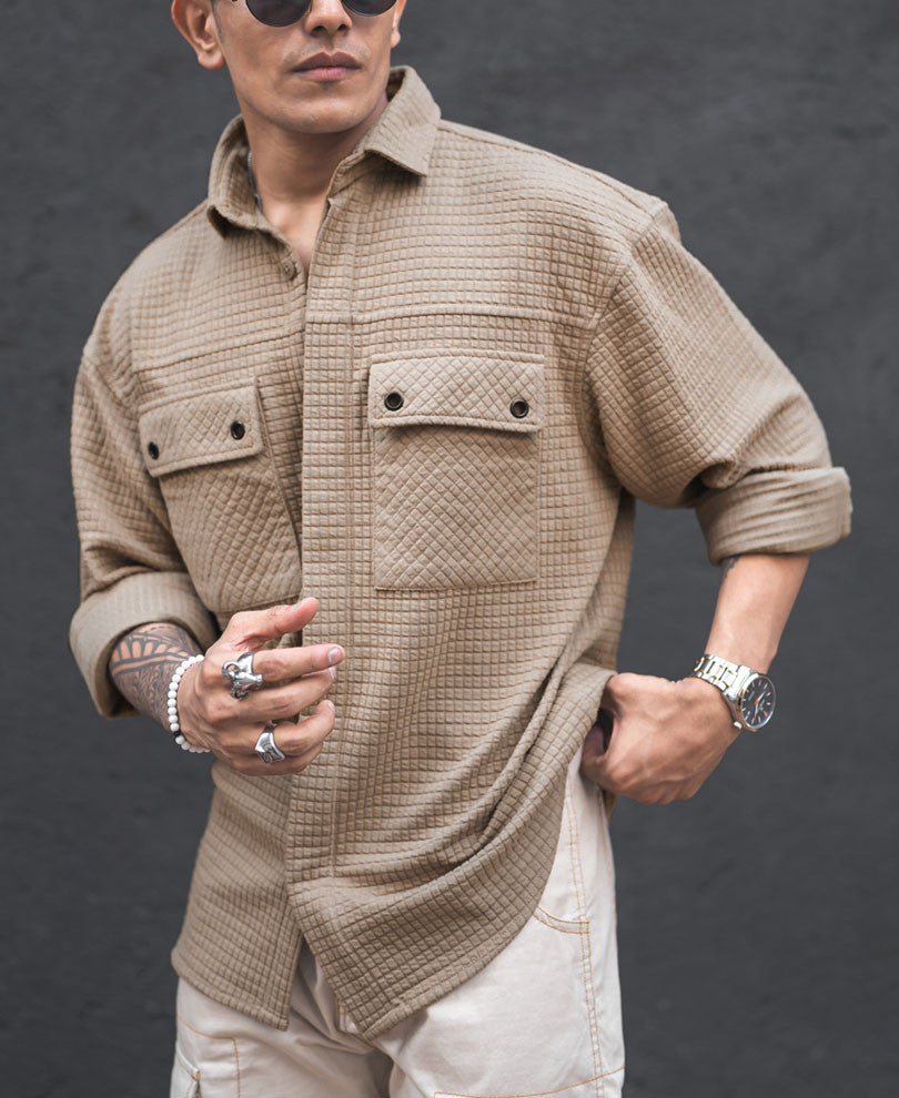 Camel Structured Double Pockets Shacket Oversized Shirt.